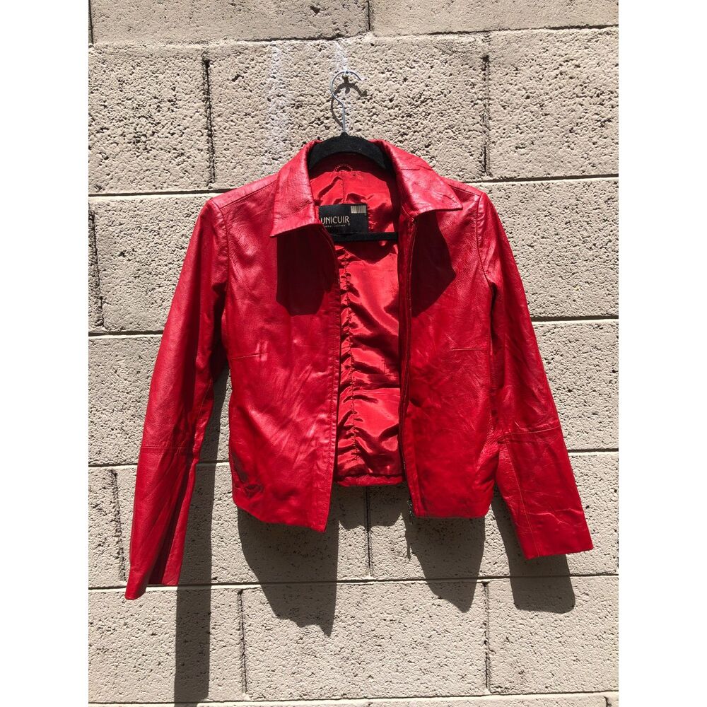 VTG Unicuir Italy Red Genuine Leather Jacket Moto Full Zip Collared Womens 40 S